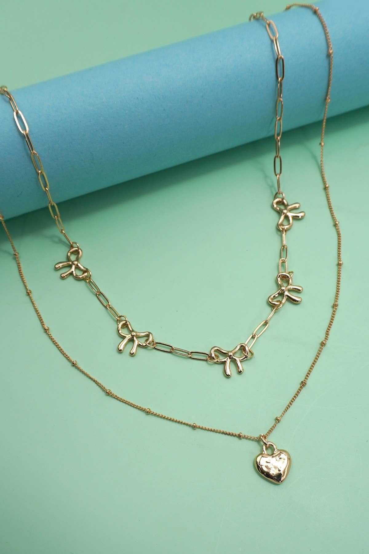 Double Layer Multi Bow Heart Charm Necklace
