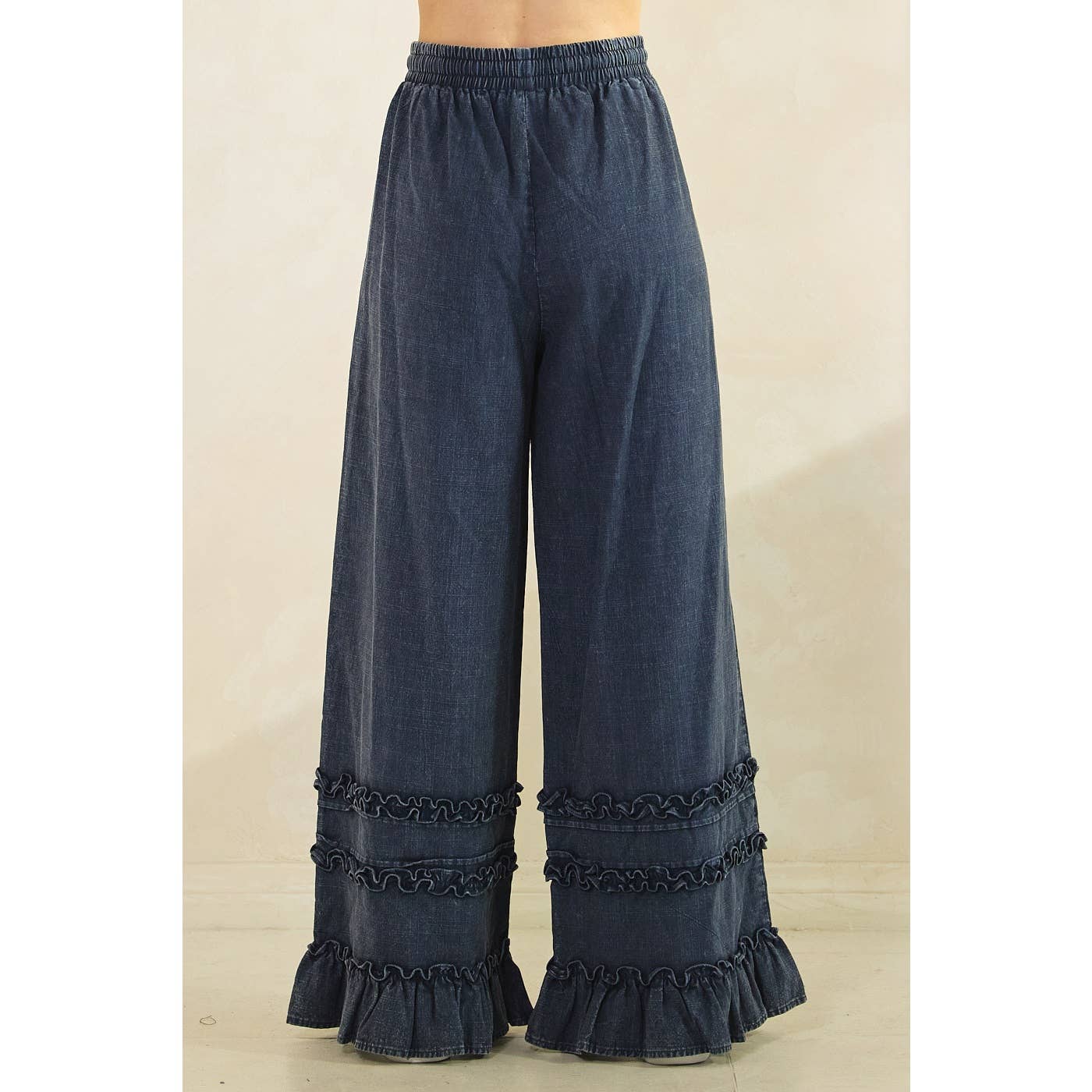 RUFFLE TRIM WIDE LEG PANTS