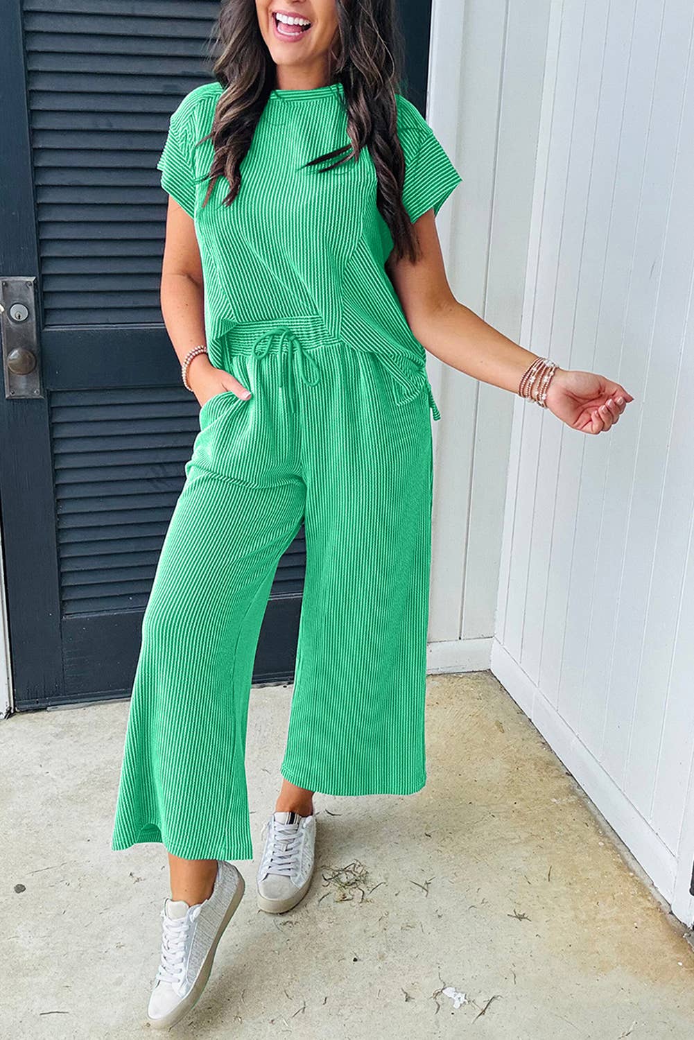 Green Solid Corded Knit Shirt and Wide Leg Pant Set