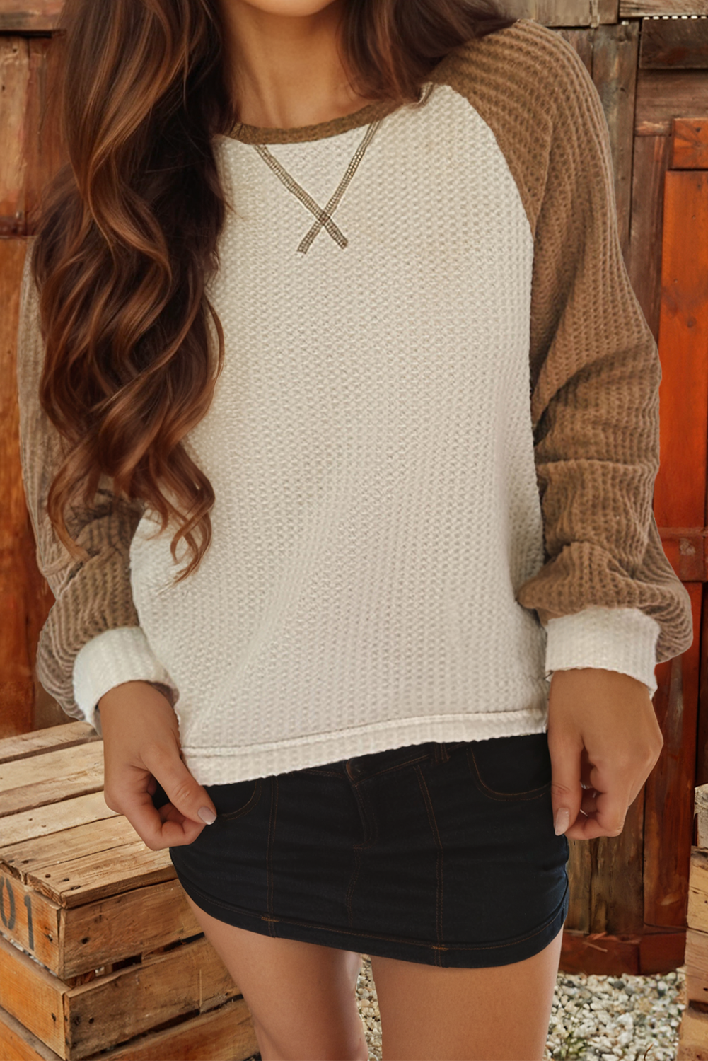 Waffle Color Block Raglan Sleeve Top