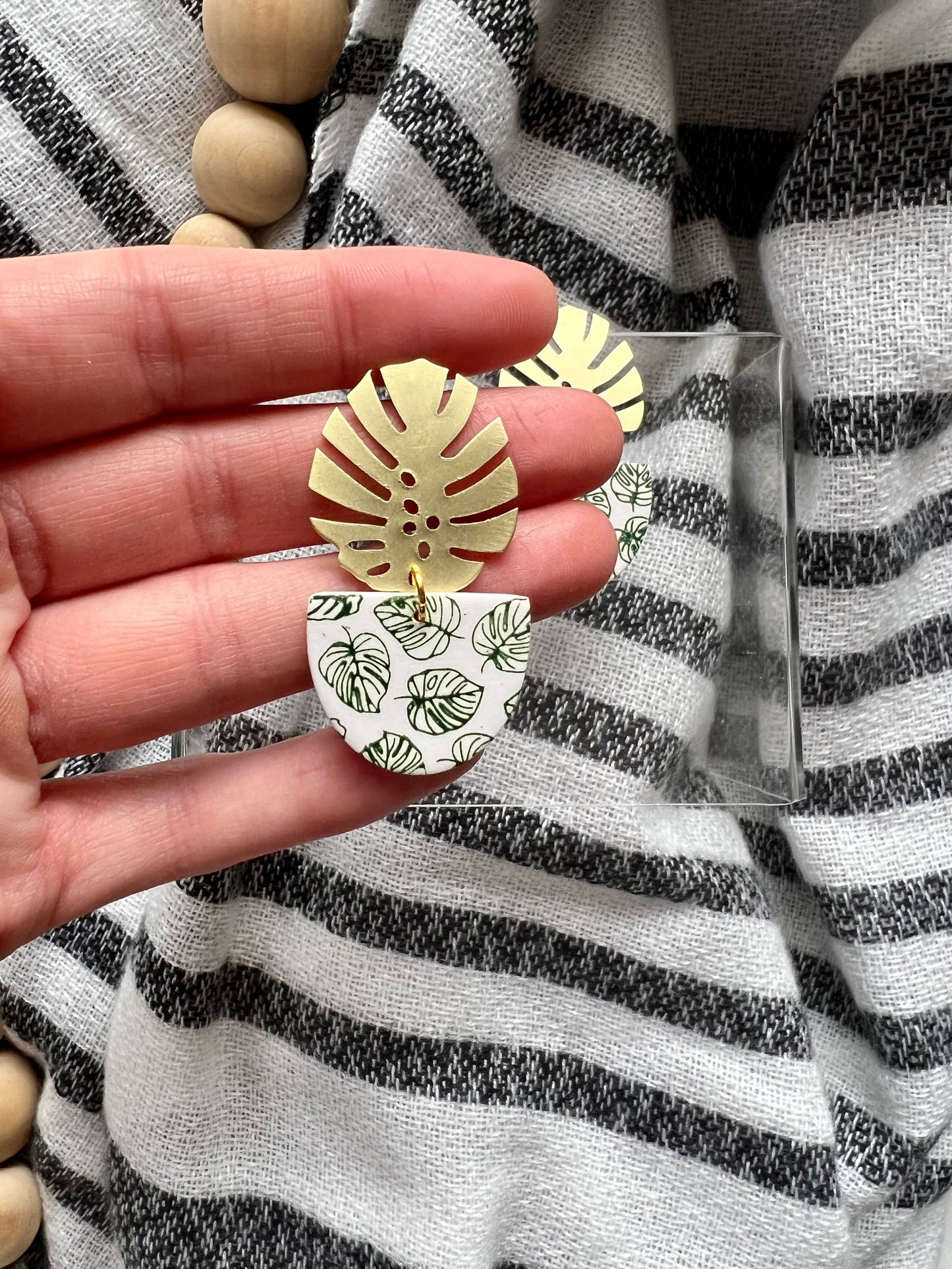 Monstera Clay Earrings - Brass Leaf Top