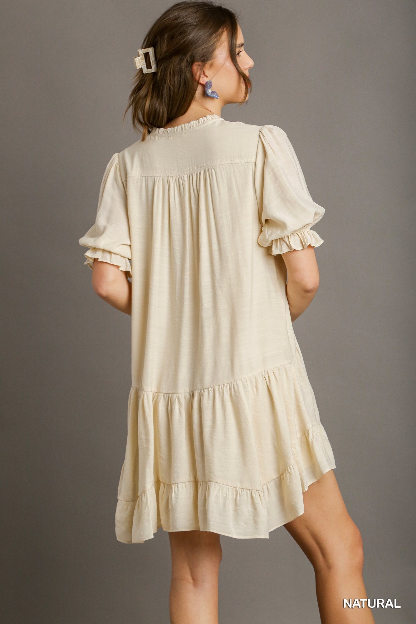 Split Neck Ruffle Short Dress with Short Puff Sleeves & Back Tiered