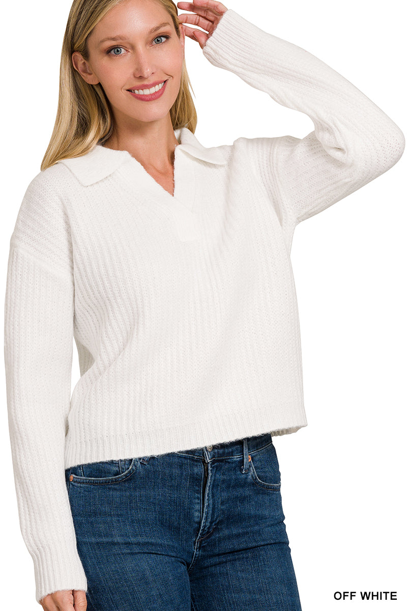 V-Neck Collared Basic Sweater