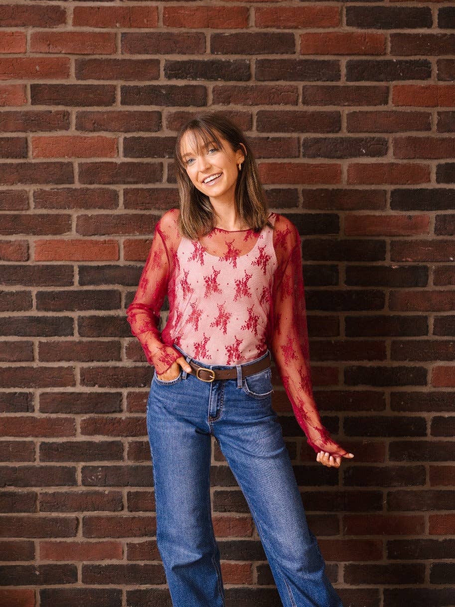 Red Mesh Long-sleeve Top