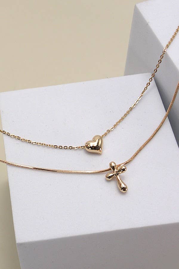 Double Layer Chain Heart Cross Charm Necklace