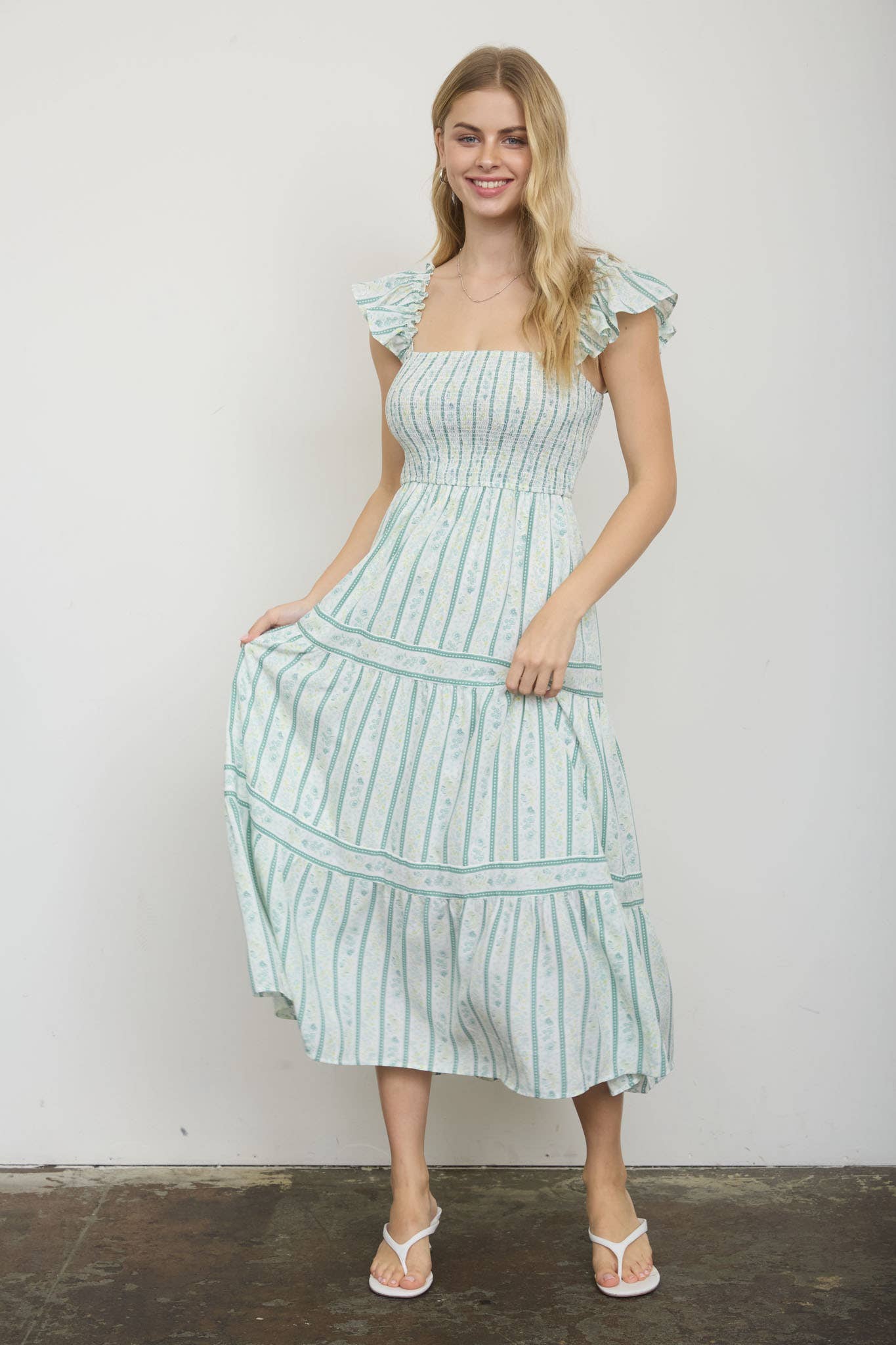 Stripe Floral Pattern Smocked Tiered Mini Dress