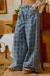 Frayed Detail Plaid Wide Leg Jeans