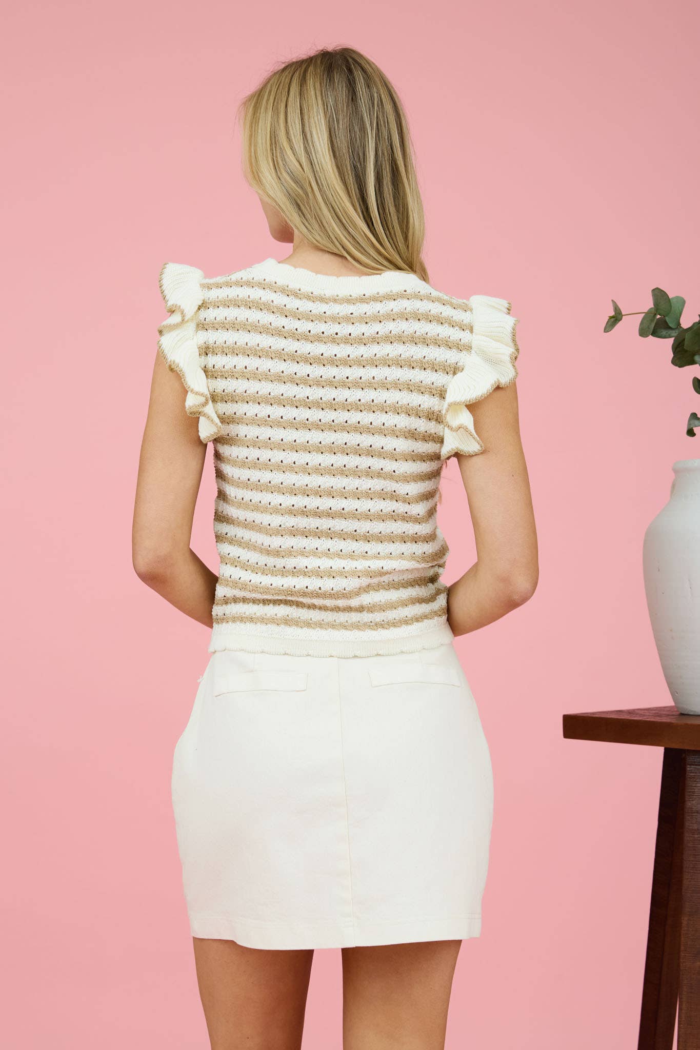 Strip Short Ruffle Sleeve Sweater Knit Top