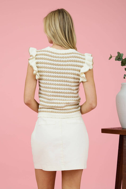 Strip Short Ruffle Sleeve Sweater Knit Top