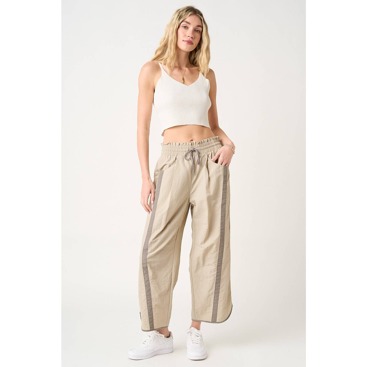 SPORTY STRIPE NYLON PULL ON BARREL LEG PANTS