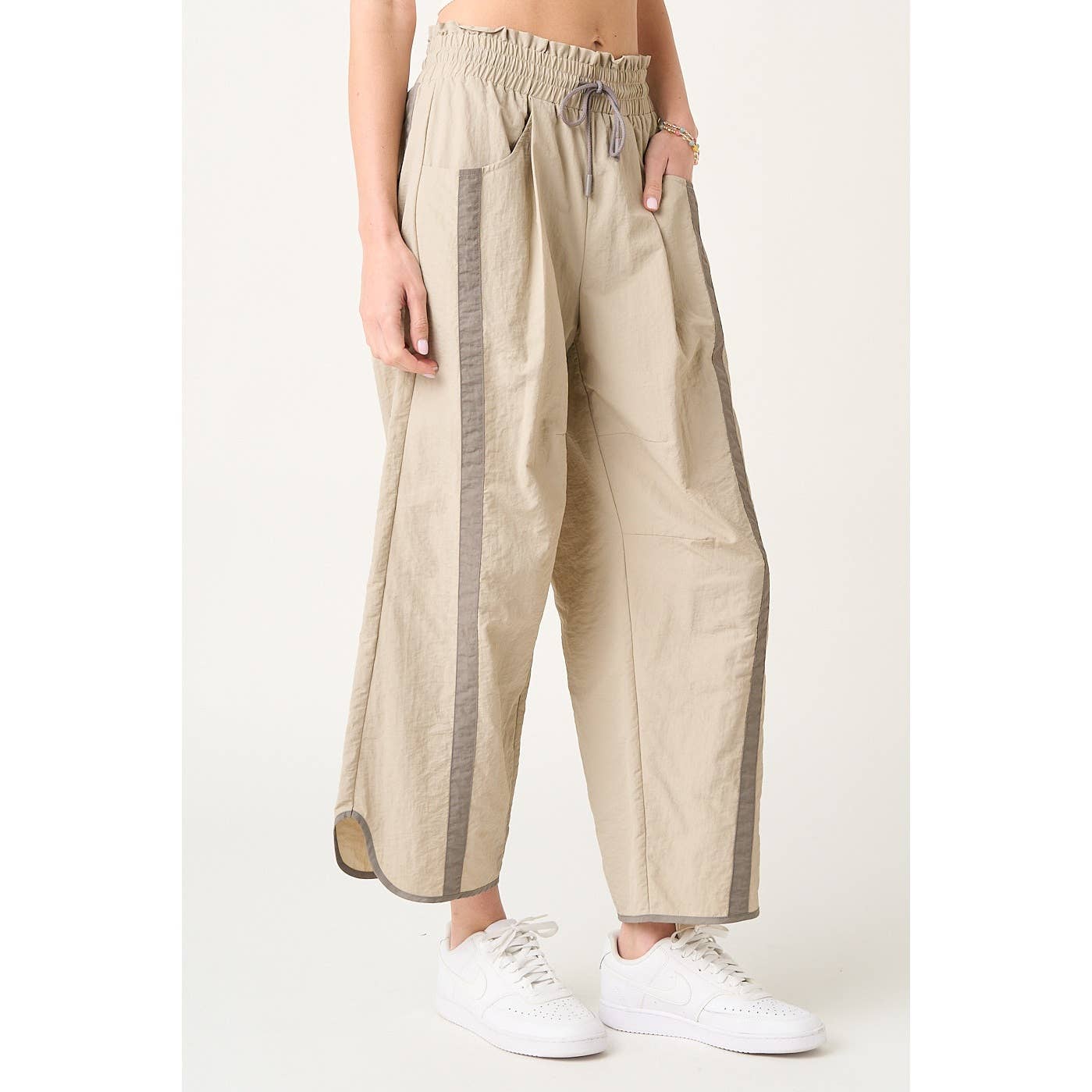 SPORTY STRIPE NYLON PULL ON BARREL LEG PANTS