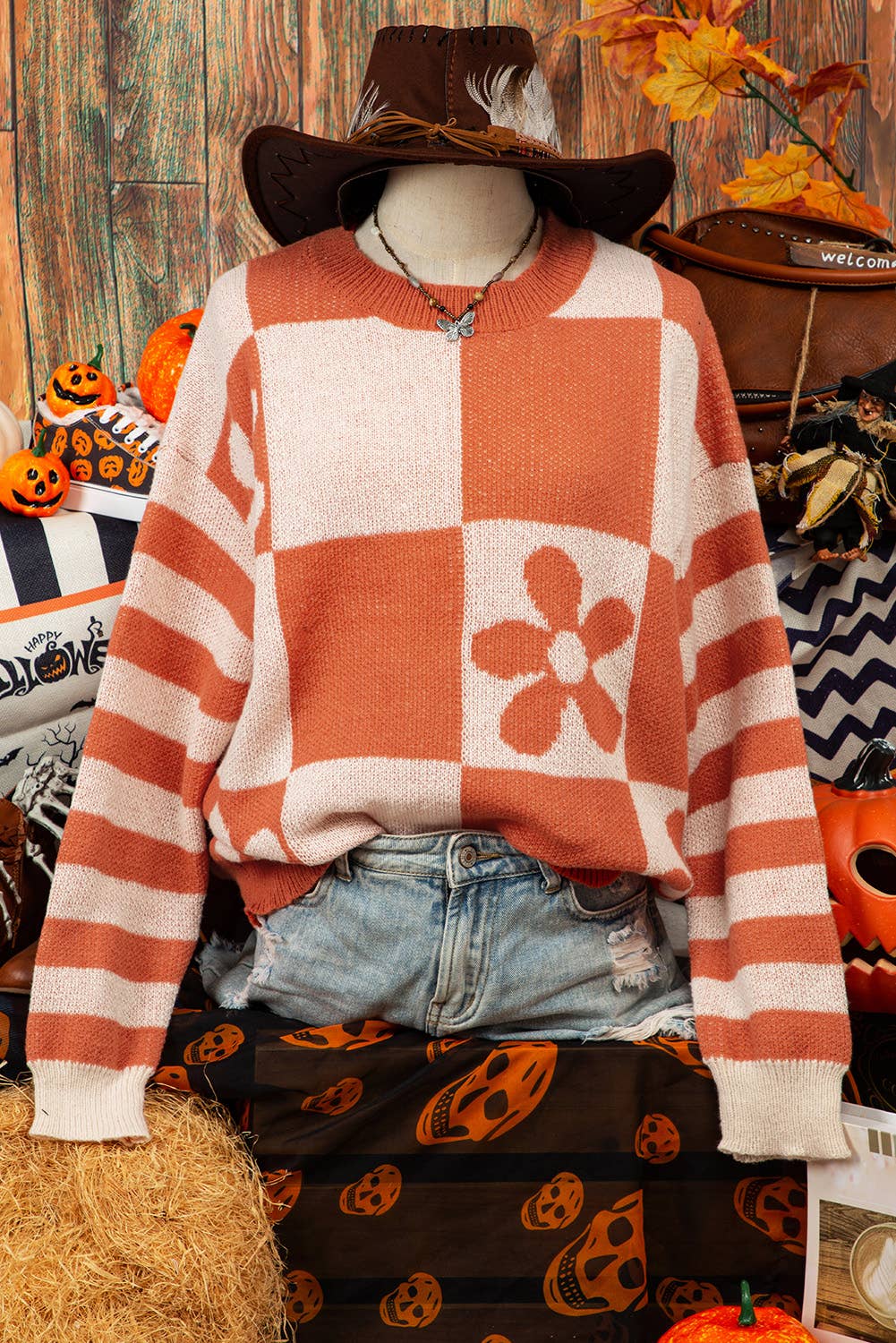 Checker Floral Stripe Sweater