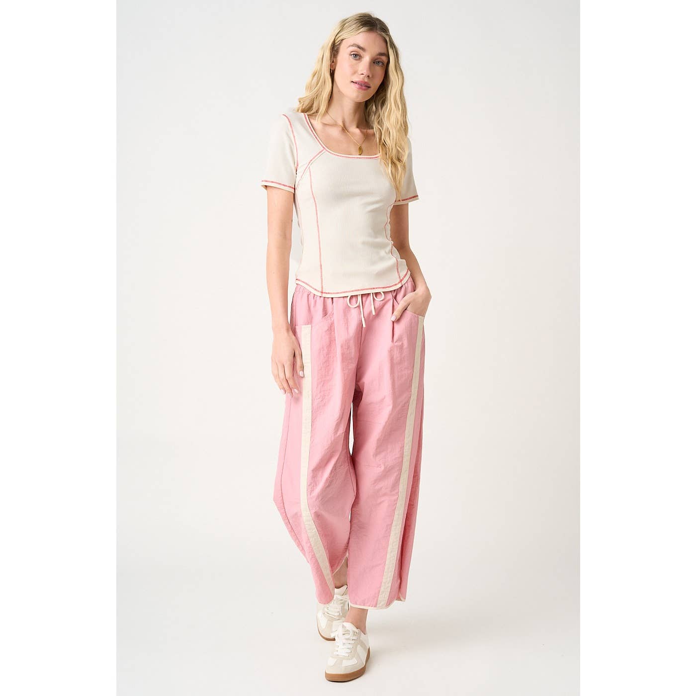 SPORTY STRIPE NYLON PULL ON BARREL LEG PANTS