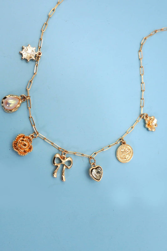 Bow Heart Charm Link Necklace