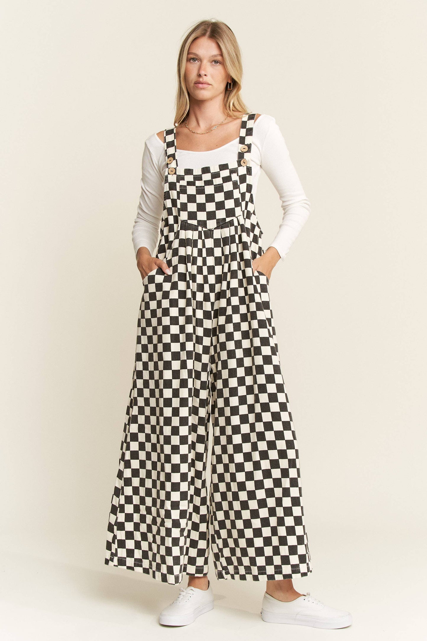 CHECKERED WIDE LEG OVERALLS