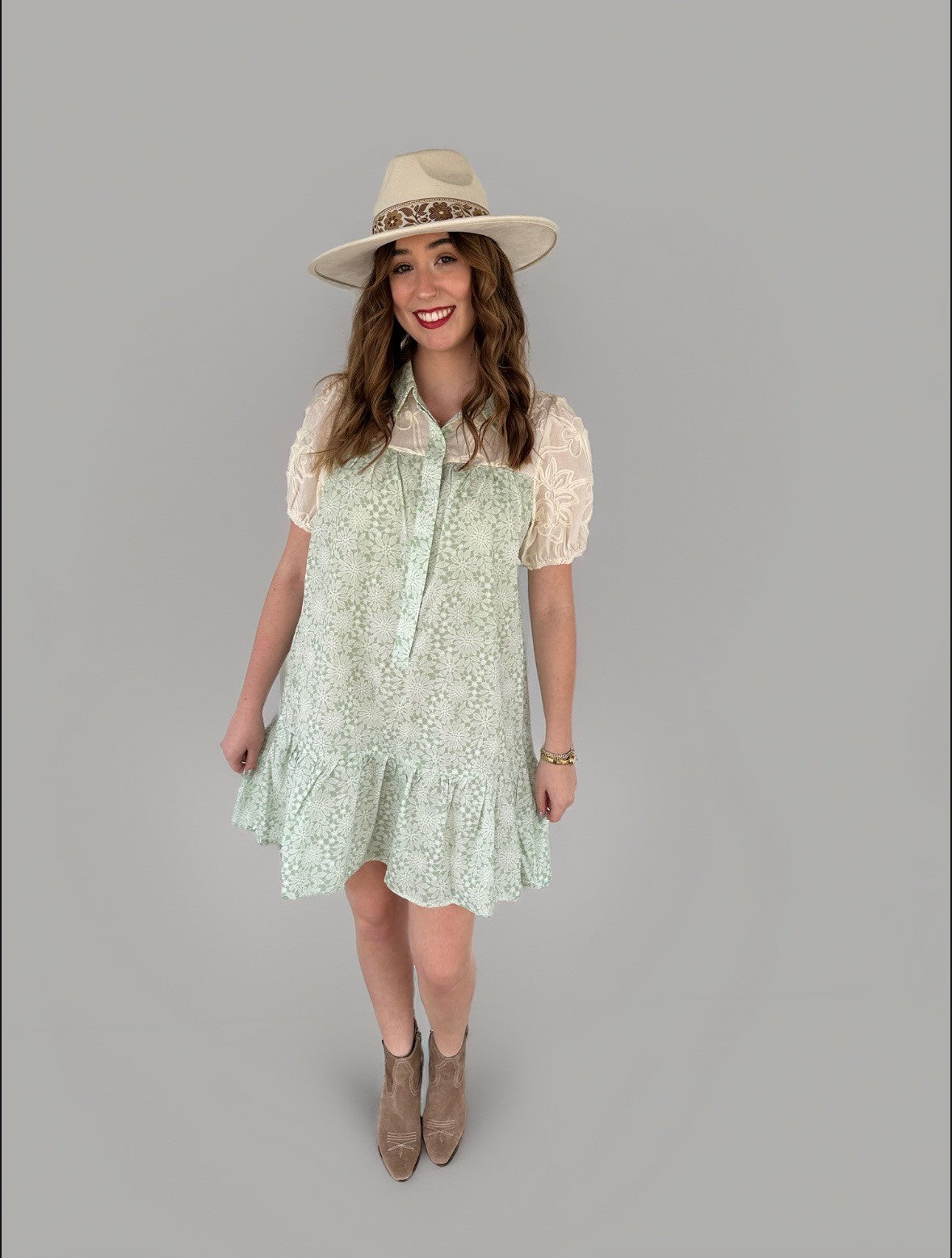 Sage Floral Puff Sleeve Dress