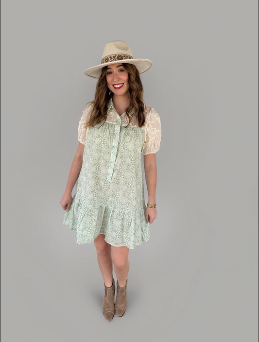 Sage Floral Puff Sleeve Dress
