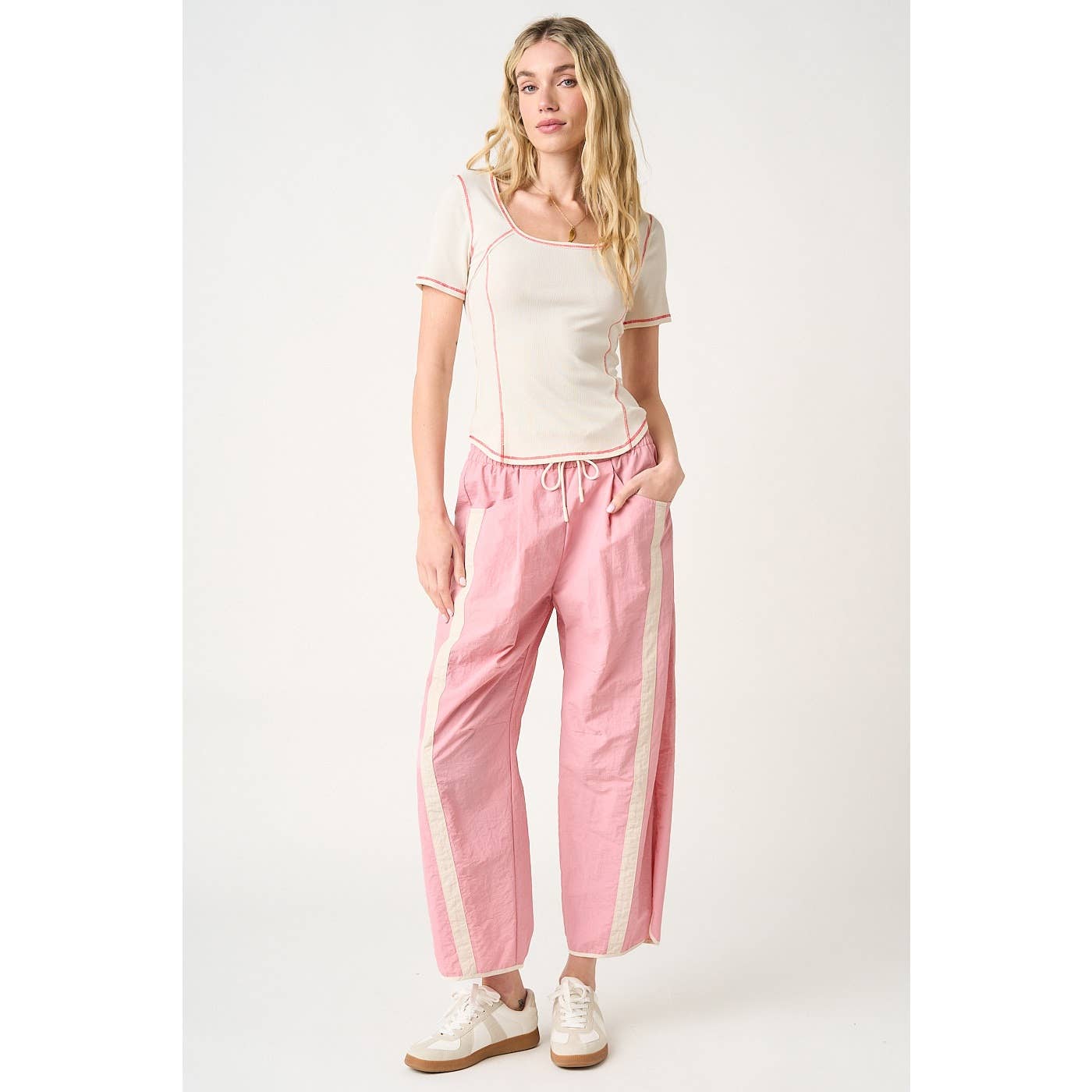SPORTY STRIPE NYLON PULL ON BARREL LEG PANTS