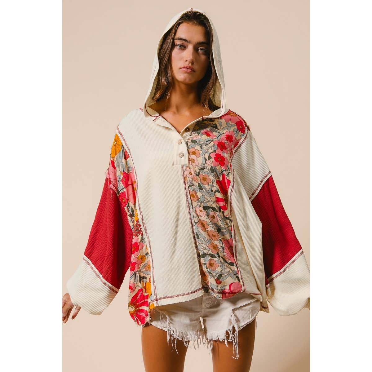 Knit and Print Mixed Hoodie