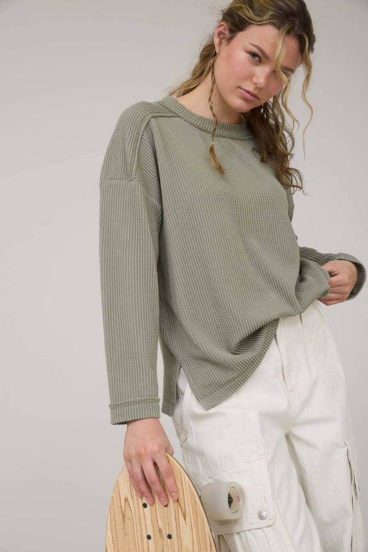 OLIVE RIBBED LONG SLEEVE KNIT TOP