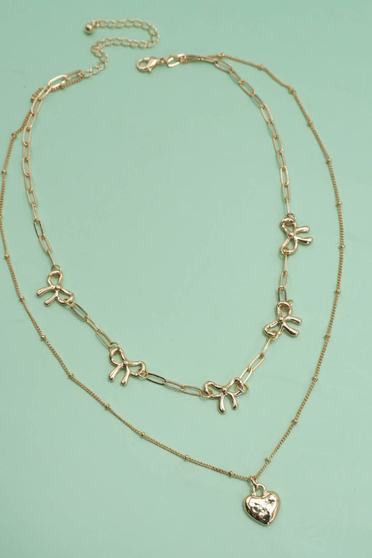 Double Layer Multi Bow Heart Charm Necklace