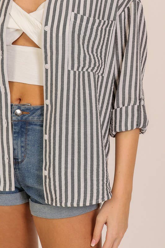 Striped 3/4 Sleeve Button-Down Shirt