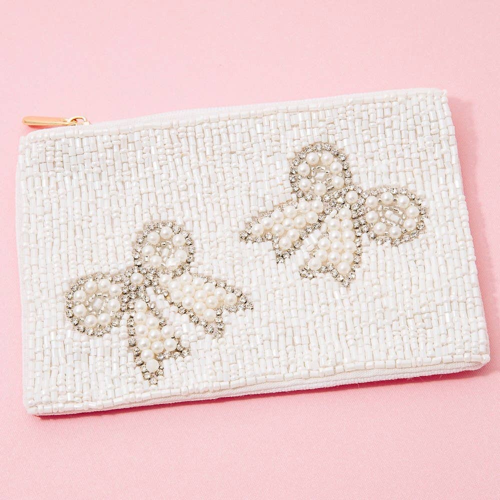 Rhinestone Pearl And Seed Beaded Ribbon Bow Coin Purse