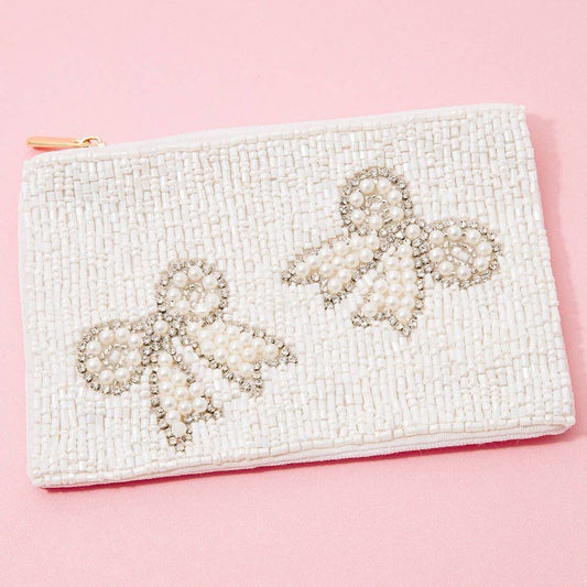 Rhinestone Pearl And Seed Beaded Ribbon Bow Coin Purse