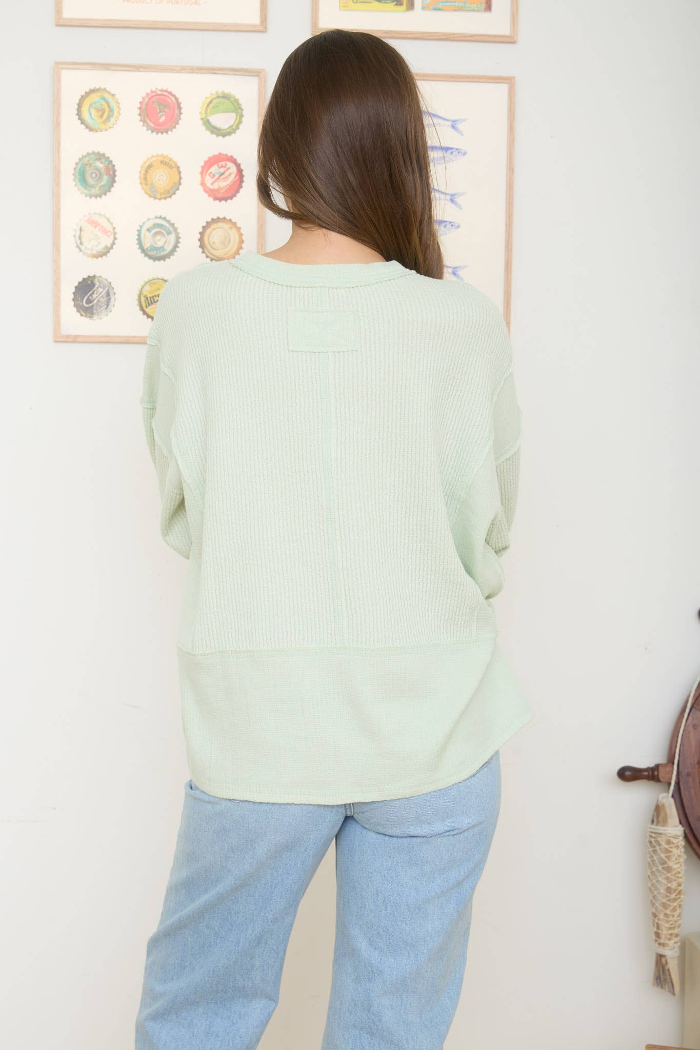 Split Neck Long Sleeve Ribbed Tee
