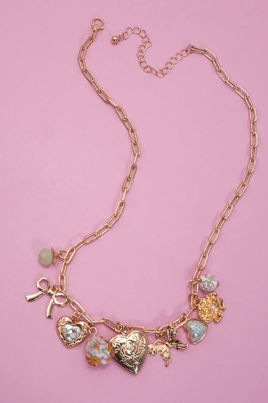 Charm Necklace-Heart Locket Butterfly Bow Flower