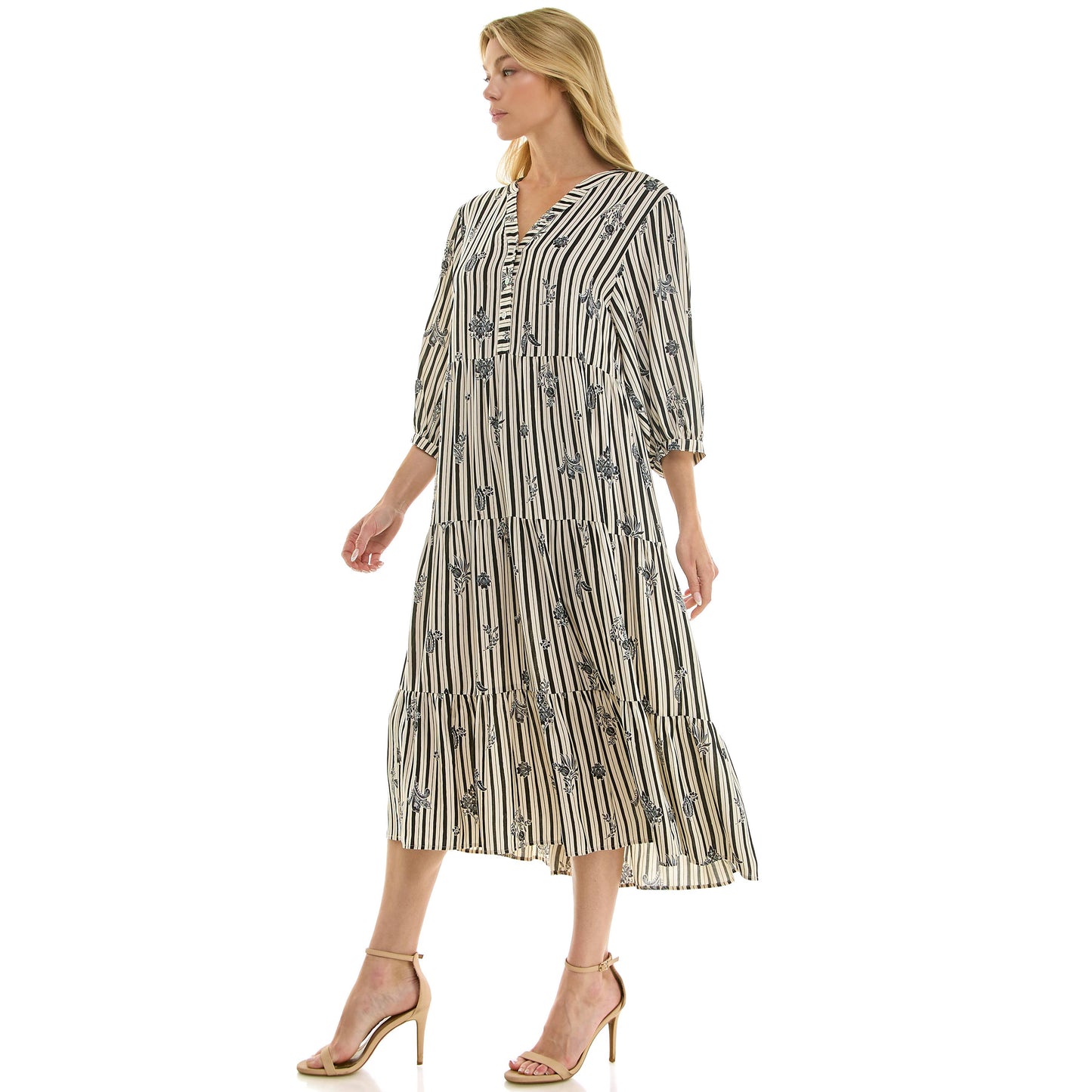 STRIPE FLORAL PEASANT MIDI DRESS