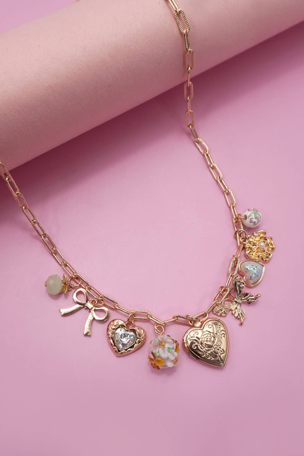 Charm Necklace-Heart Locket Butterfly Bow Flower