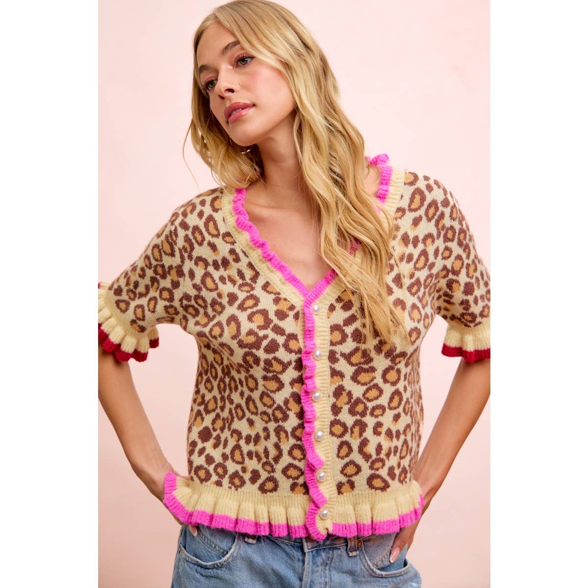 LEOPARD PATTERNED RUFFLED DETAIL BUTTON CARDIGAN