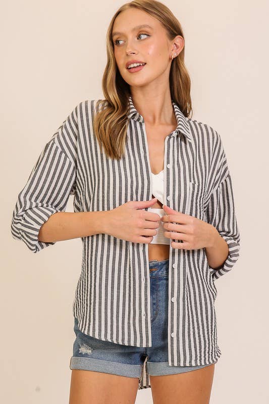 Striped 3/4 Sleeve Button-Down Shirt