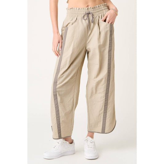 SPORTY STRIPE NYLON PULL ON BARREL LEG PANTS