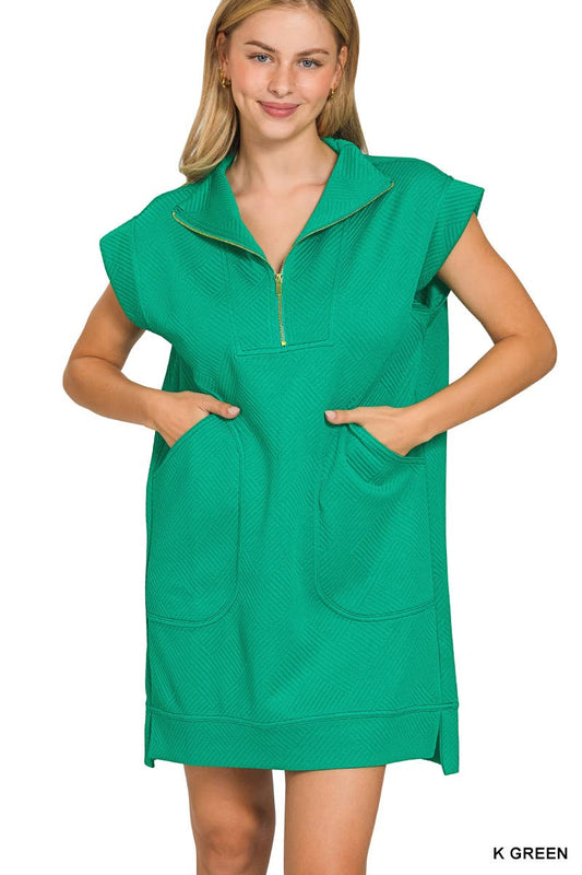 Textured Knit Jacquard Quarter Zipper Mini Dress