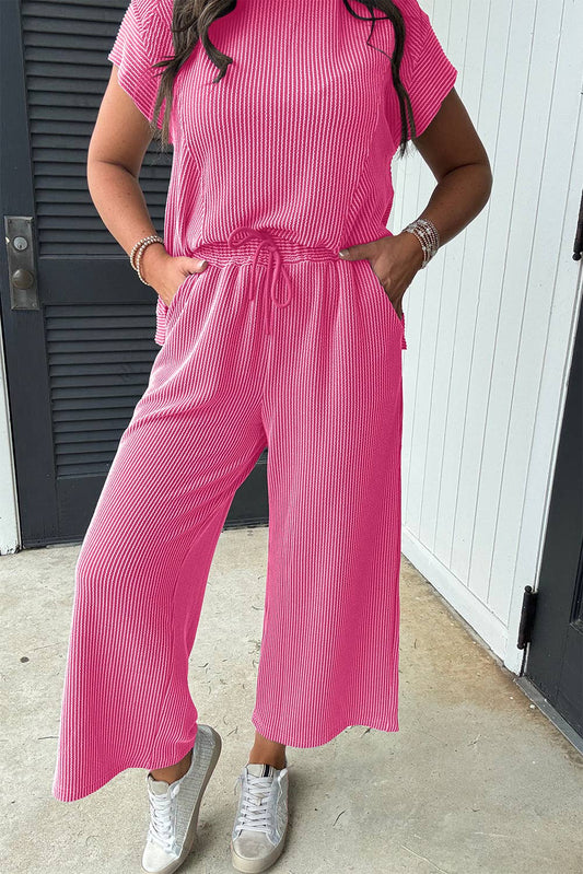 Pink Solid Corded Knit Shirt and Wide Leg Pant Set