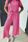 Pink Solid Corded Knit Shirt and Wide Leg Pant Set
