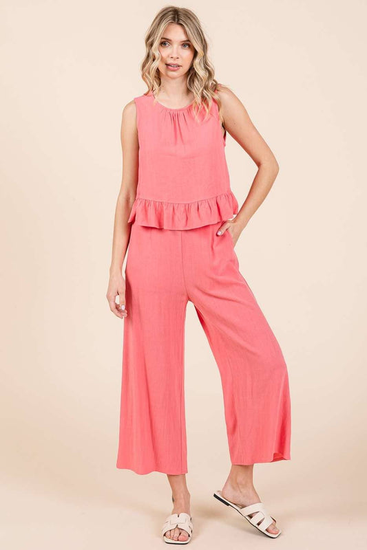 Linen Ruffle Tank Top and Pant Set