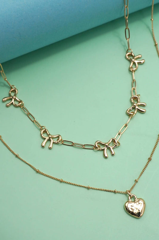 Double Layer Multi Bow Heart Charm Necklace