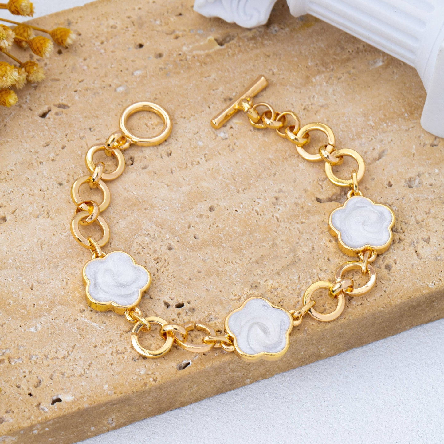 Enamel Quatrofoil Link Toggle Bracelet