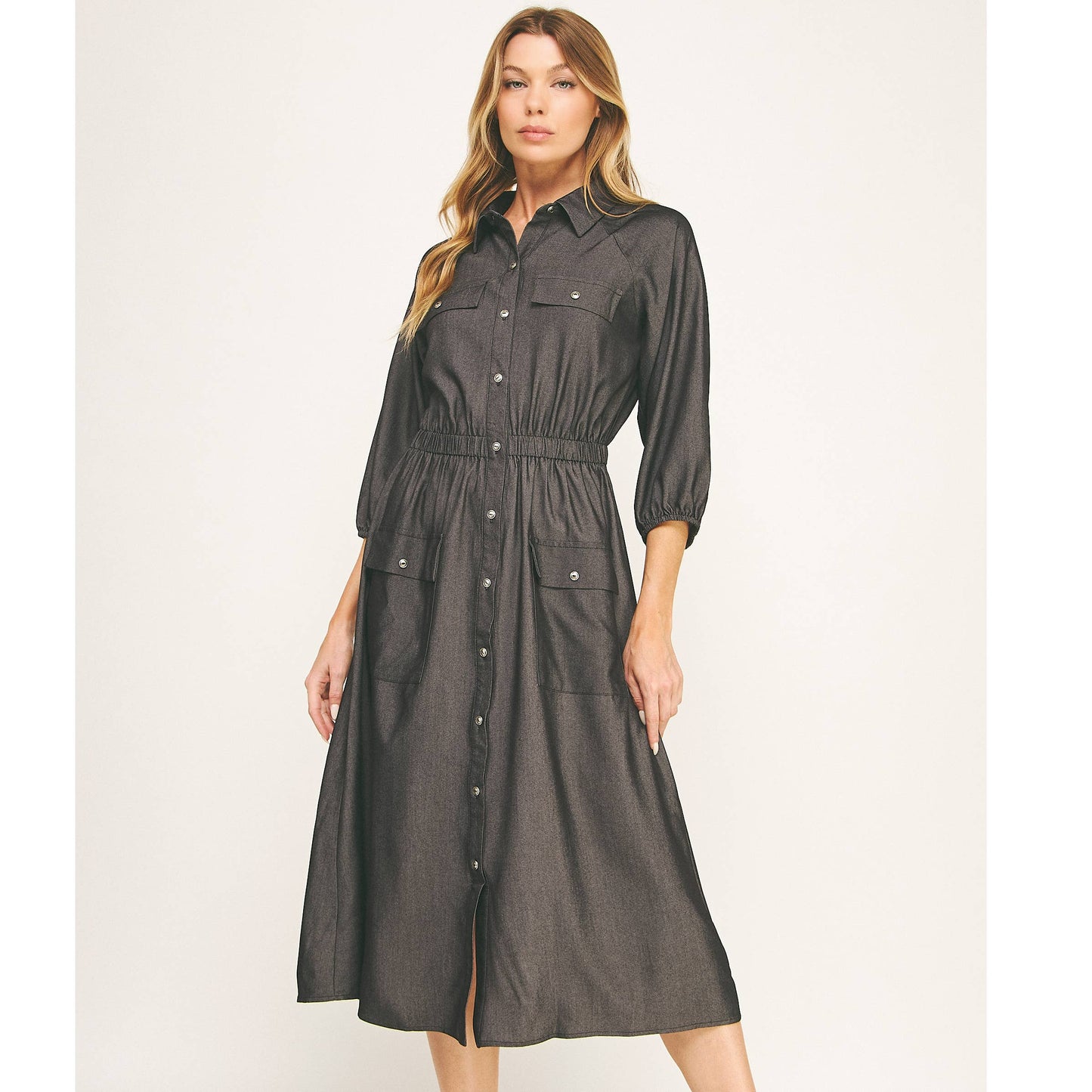 CHLOE CHAMBRAY BUTTON-DOWN MIDI DRESS