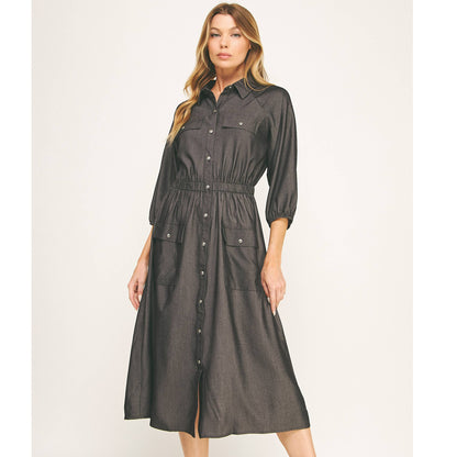 CHLOE CHAMBRAY BUTTON-DOWN MIDI DRESS