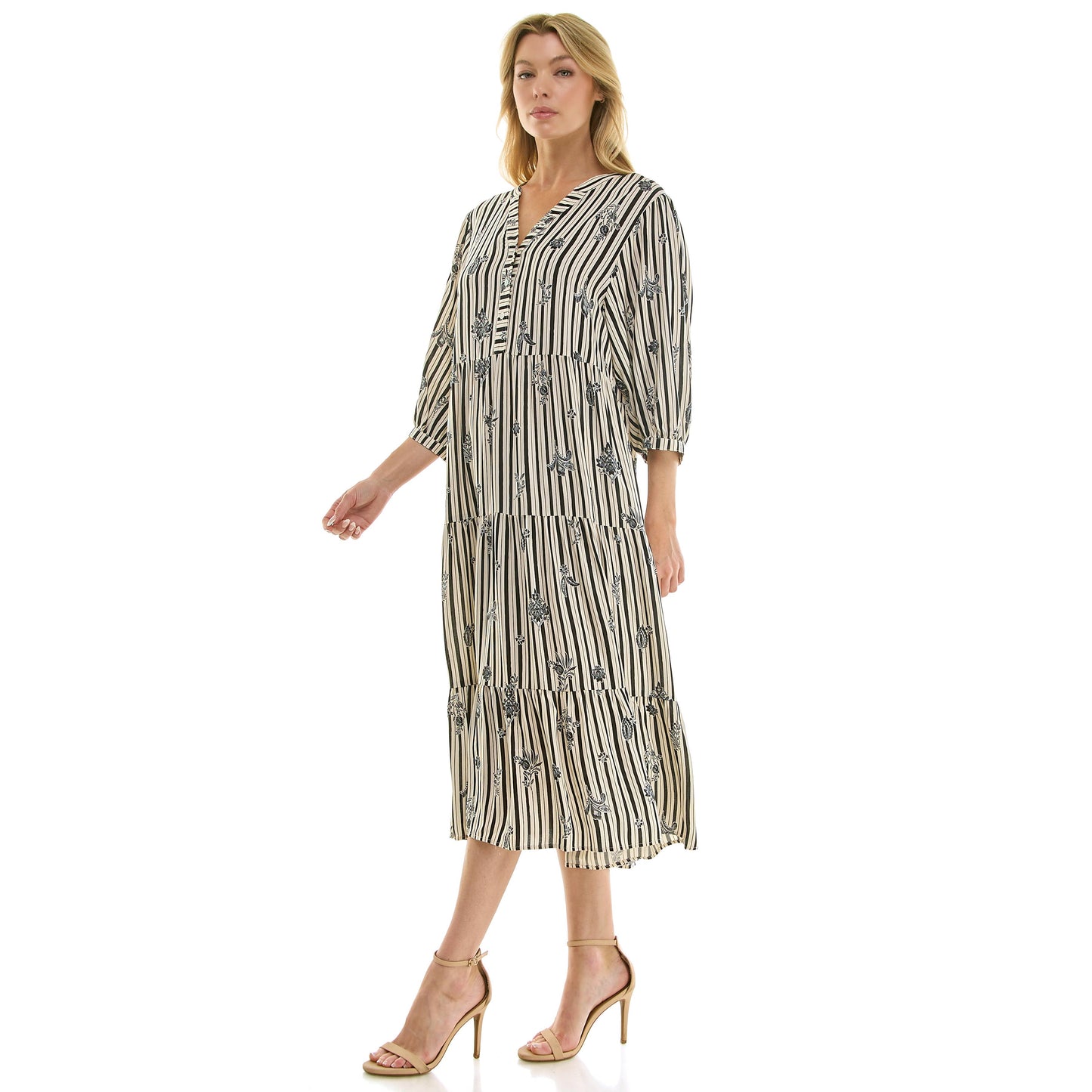 STRIPE FLORAL PEASANT MIDI DRESS