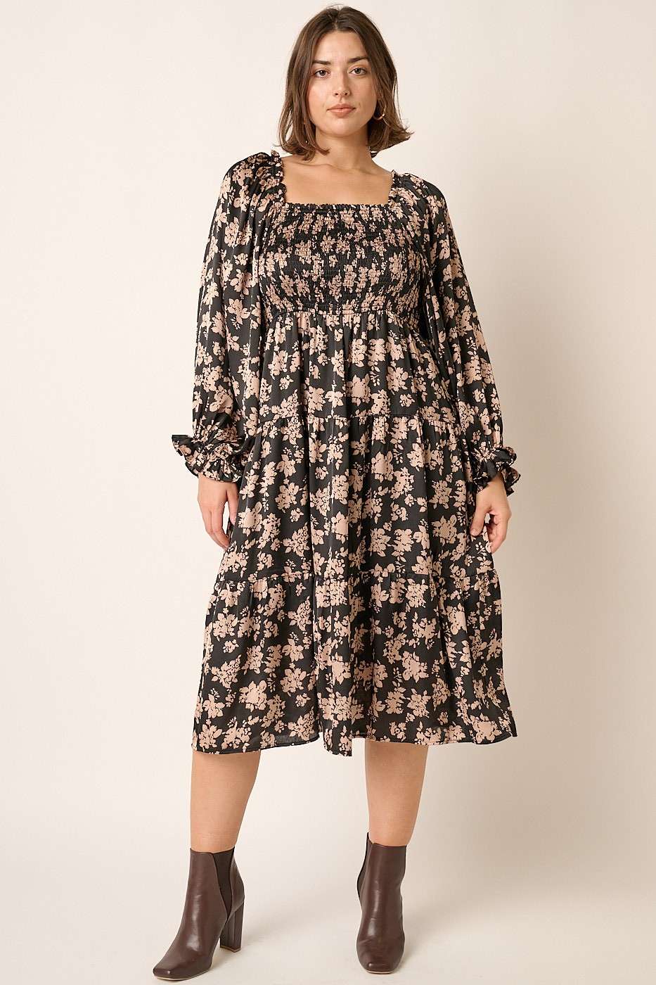 PLUS FLOWER PRINT SATIN MIDI DRESS
