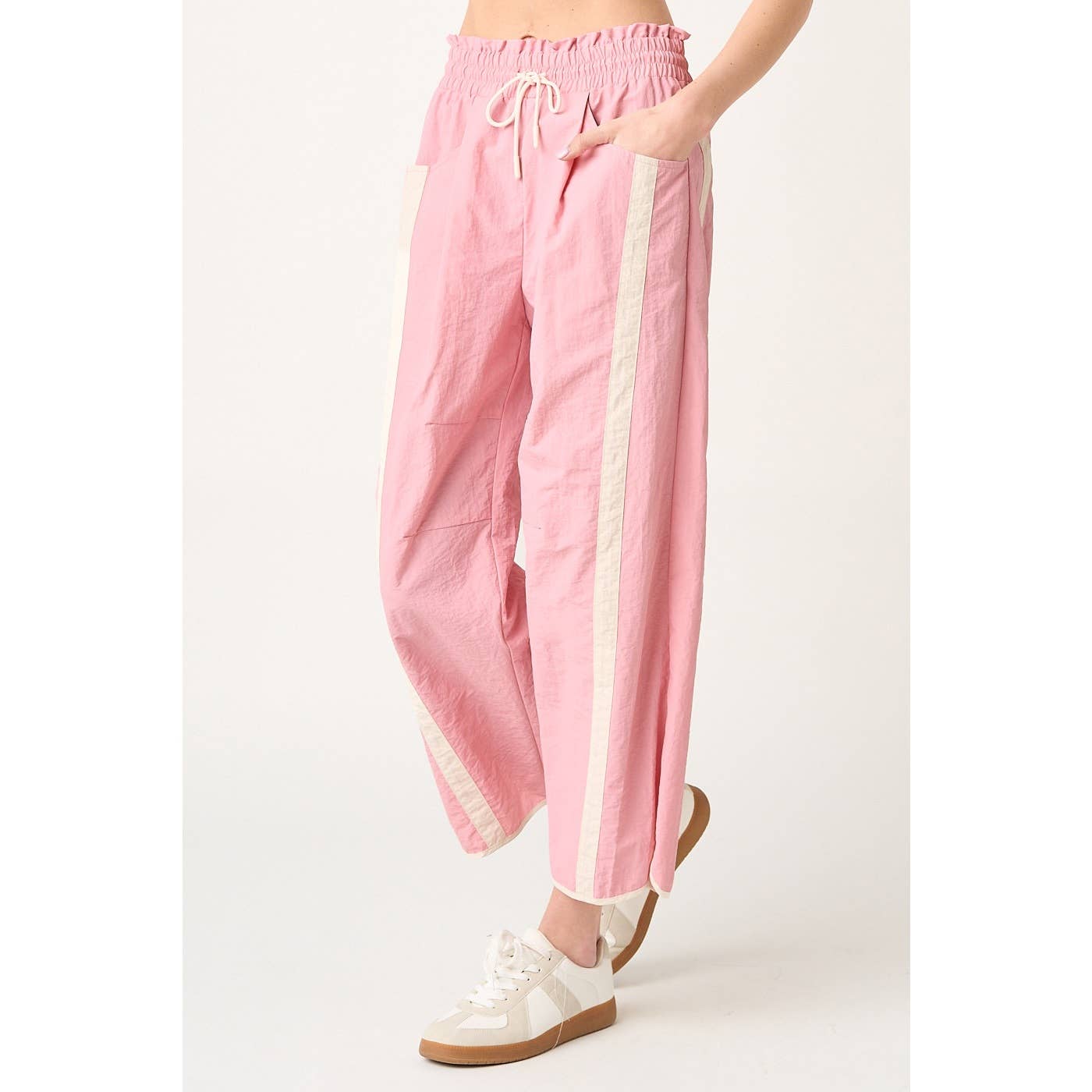 SPORTY STRIPE NYLON PULL ON BARREL LEG PANTS