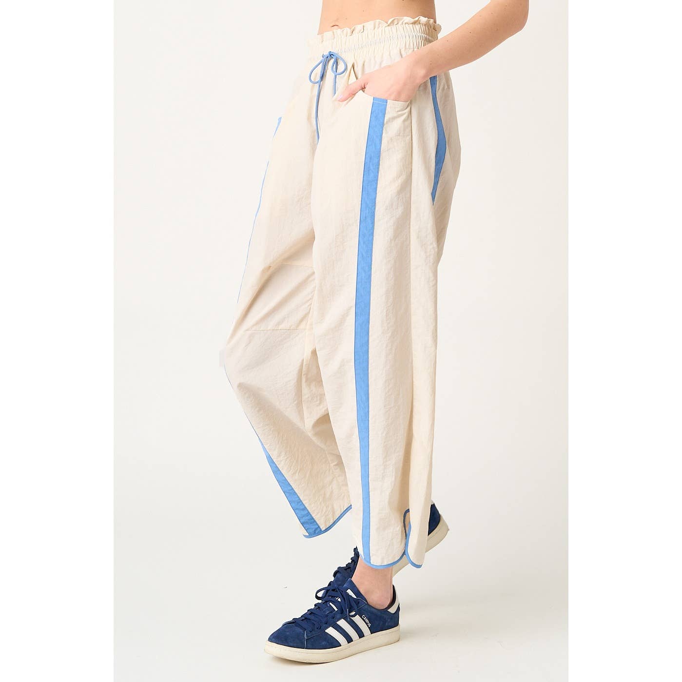 SPORTY STRIPE NYLON PULL ON BARREL LEG PANTS