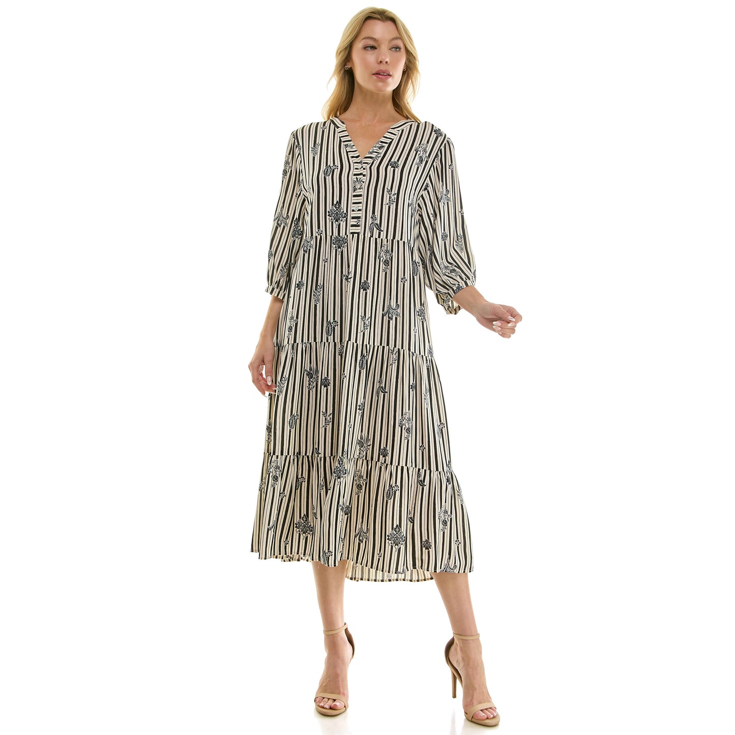 STRIPE FLORAL PEASANT MIDI DRESS