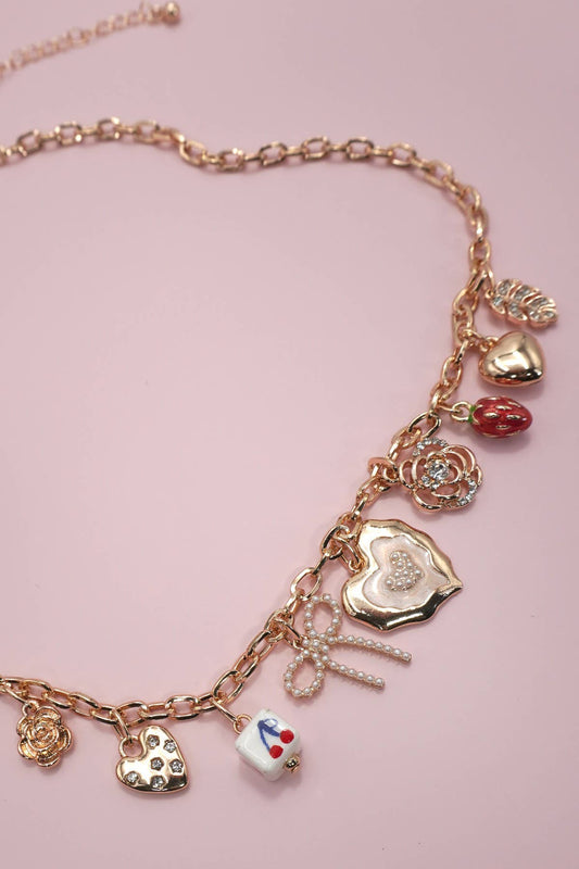 Charm Necklace-Cherry Bow and Strawberry Flower Heart