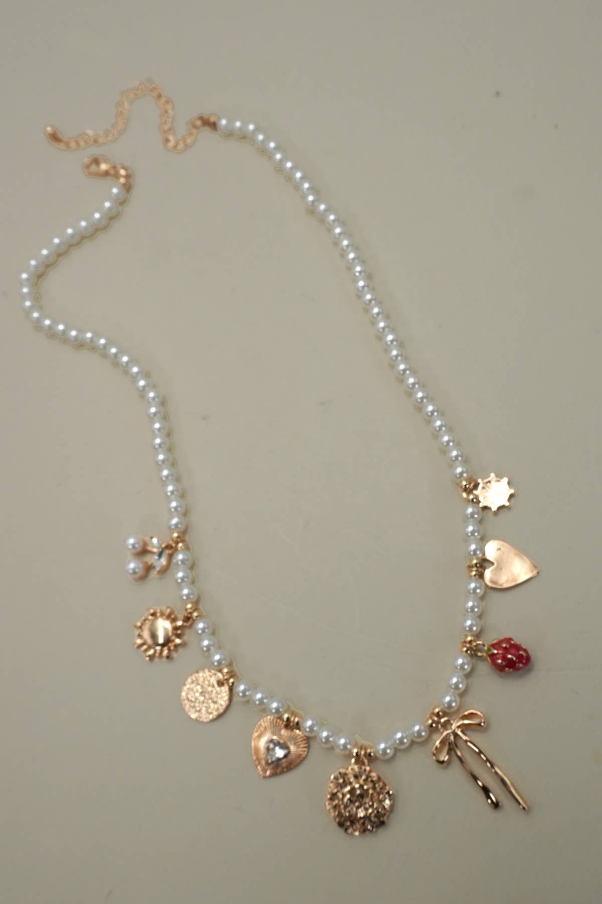 Pearl Beaded Bow Strawberry Cherry Necklace